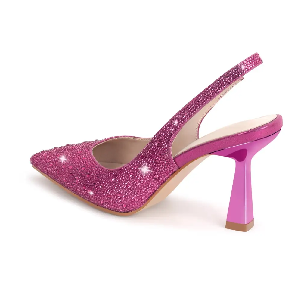 Rhinestone Pointed Toe Chunky Heel Slingback Pumps