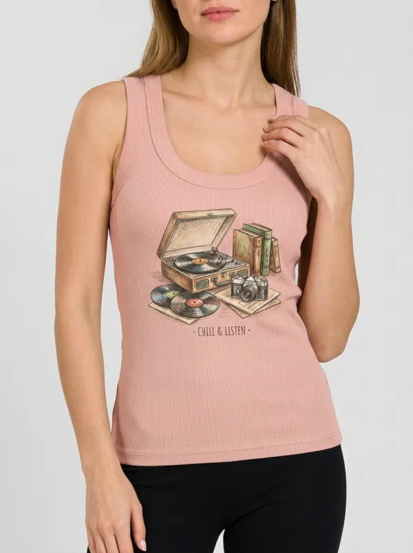 Women's Music Vinyl Record Camera Graphic Tank Top