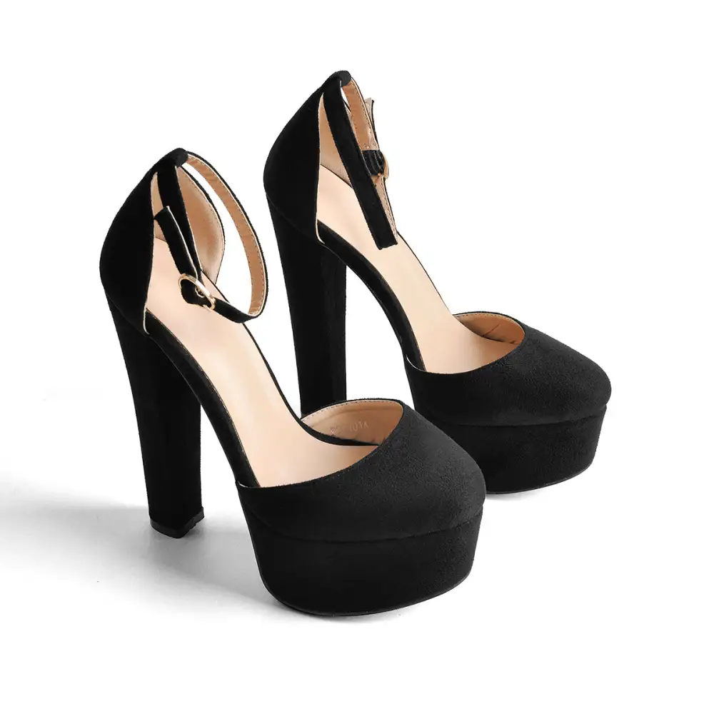Suede Finish Round Toe Platform Chunky Heel Pumps