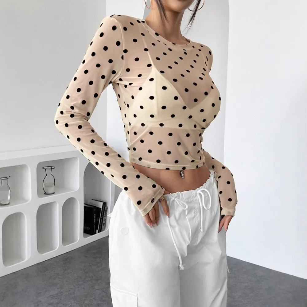 Polka Dot Mesh Long Sleeve Blouse