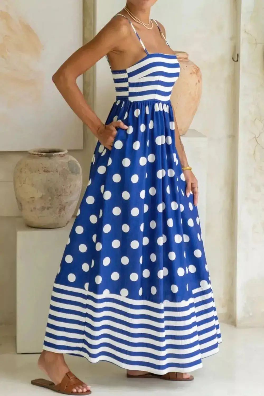 Striped Polka Dot High Waist Maxi Dress