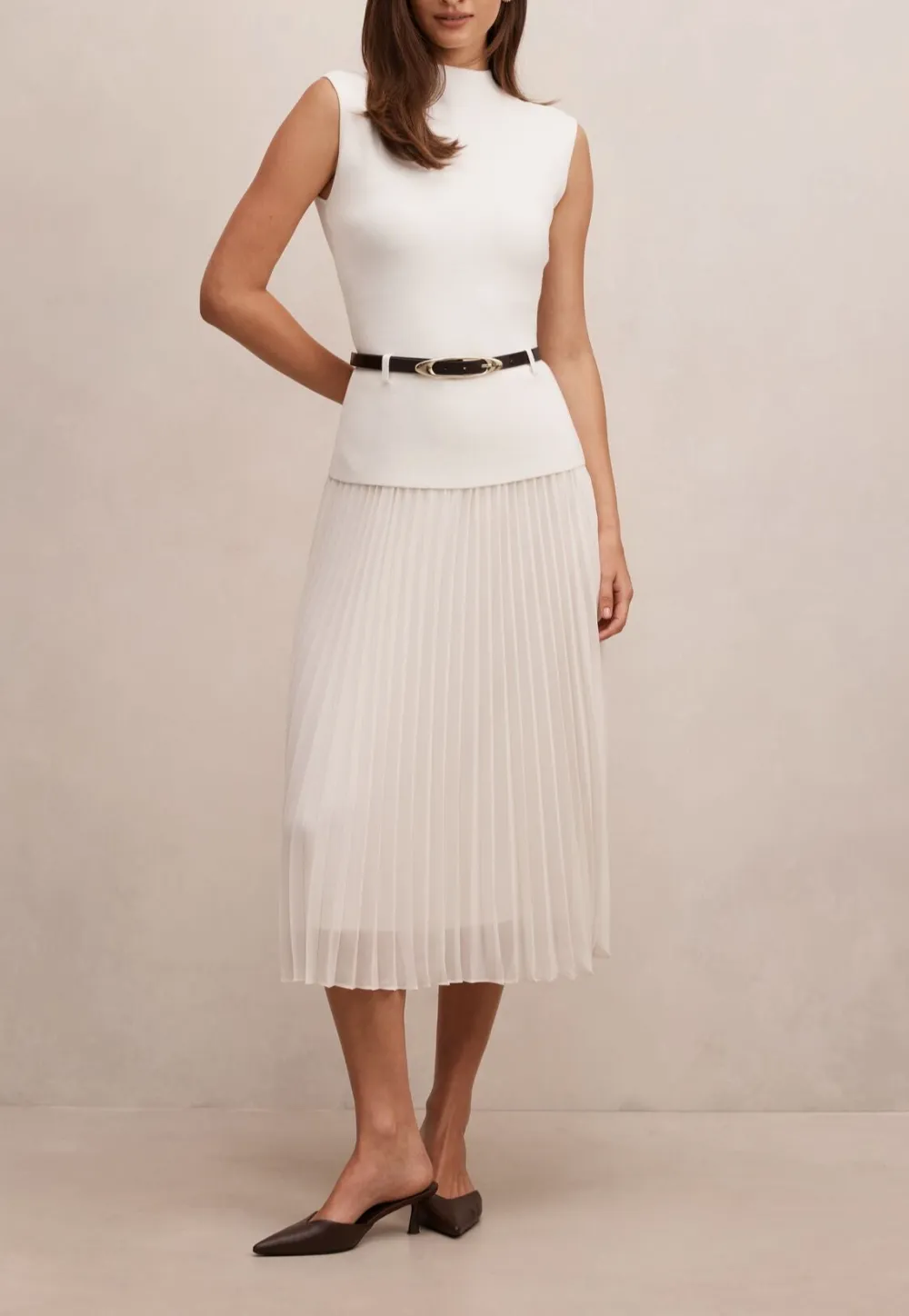 White Woven Sleeveless Top with Pleated Midi Skirt Dress