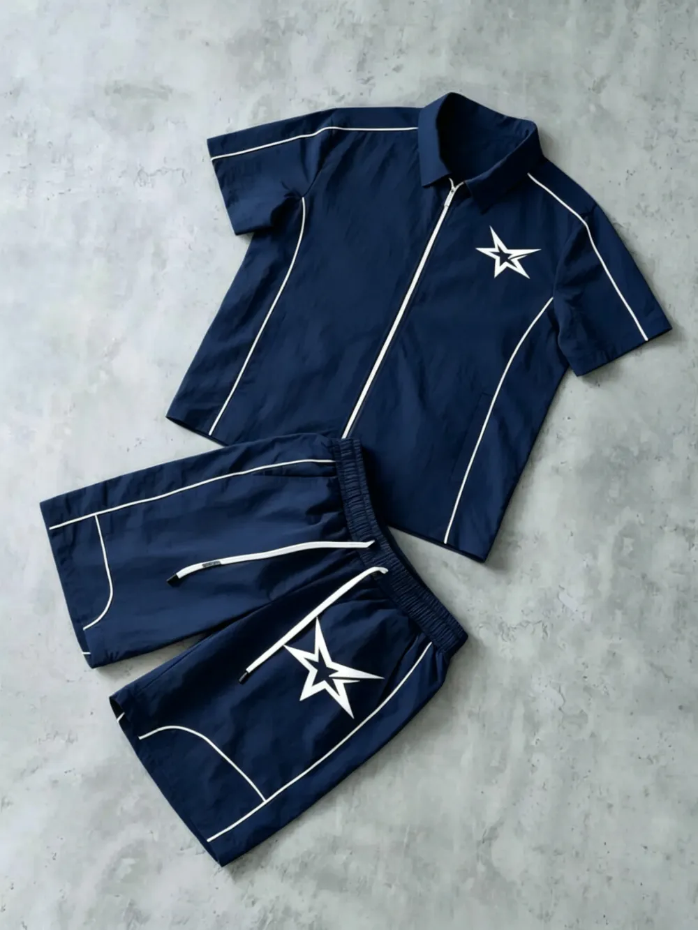 Stars Pattern Casual Set Short Sleeve Zipper Shirt + Gym Shorts Two-Piece Set, Breathable Comfort Spring Summer Daily Wear