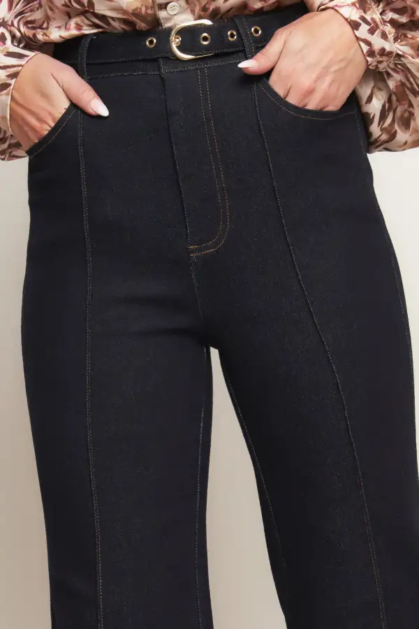Denim Flared Belted Pocketed Jeans