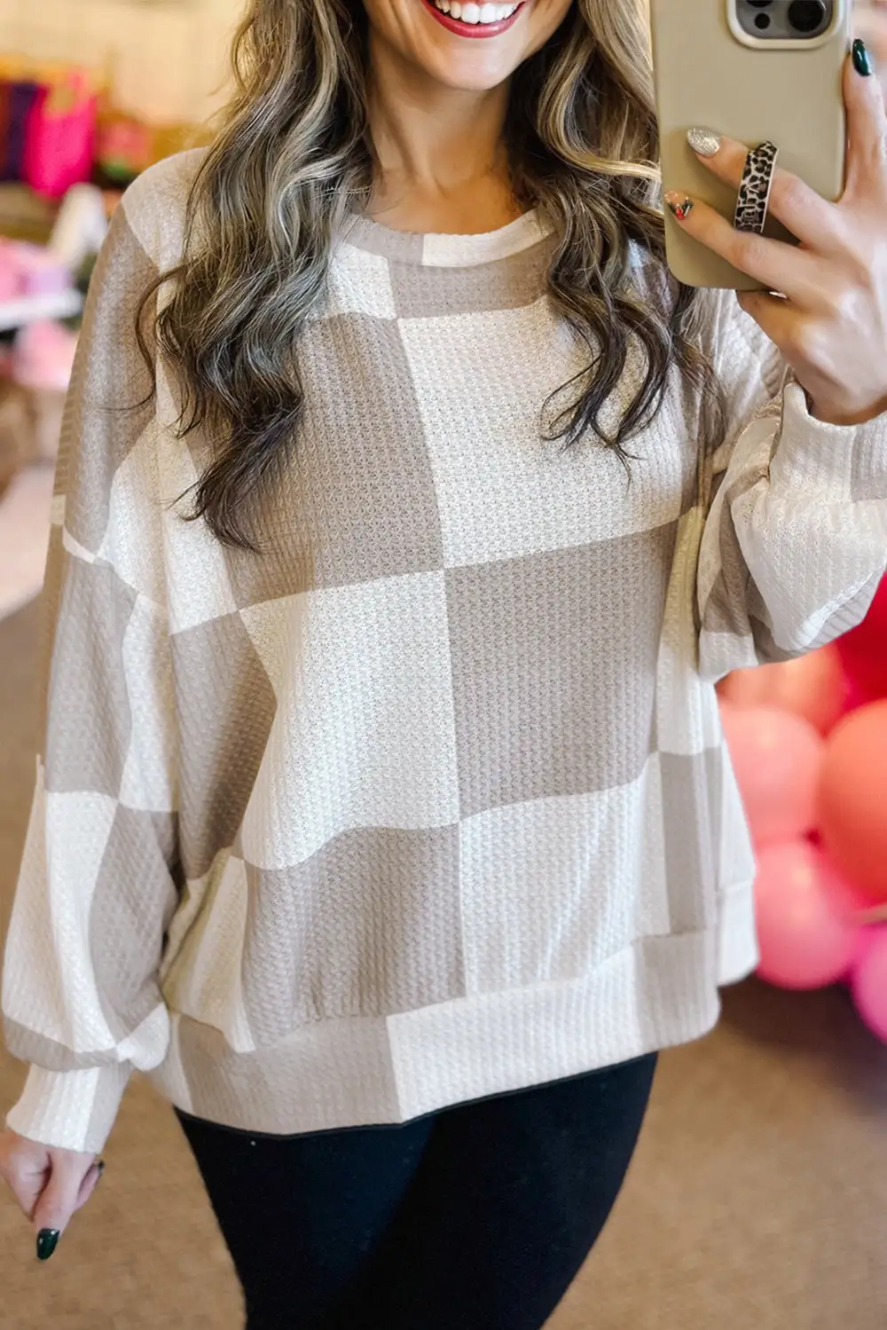 Women's Checkered Textured Long Sleeve Top
