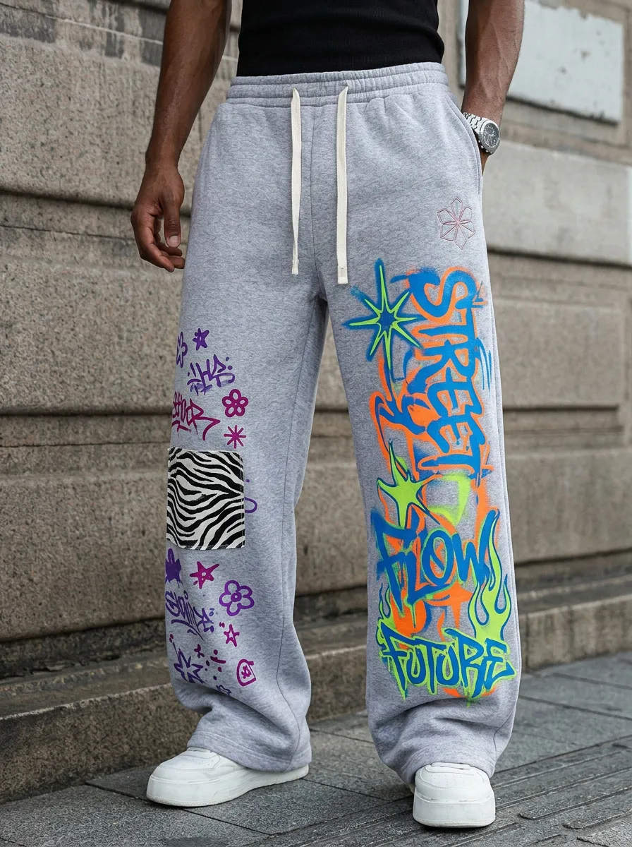 Unisex Streetwear Graffiti Zebra Patch Sweatpants