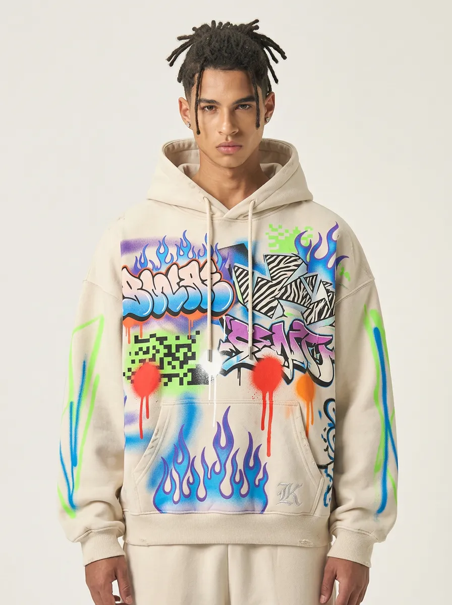 Unisex Streetwear Graffiti Flame Print Oversized Graphic Hoodie