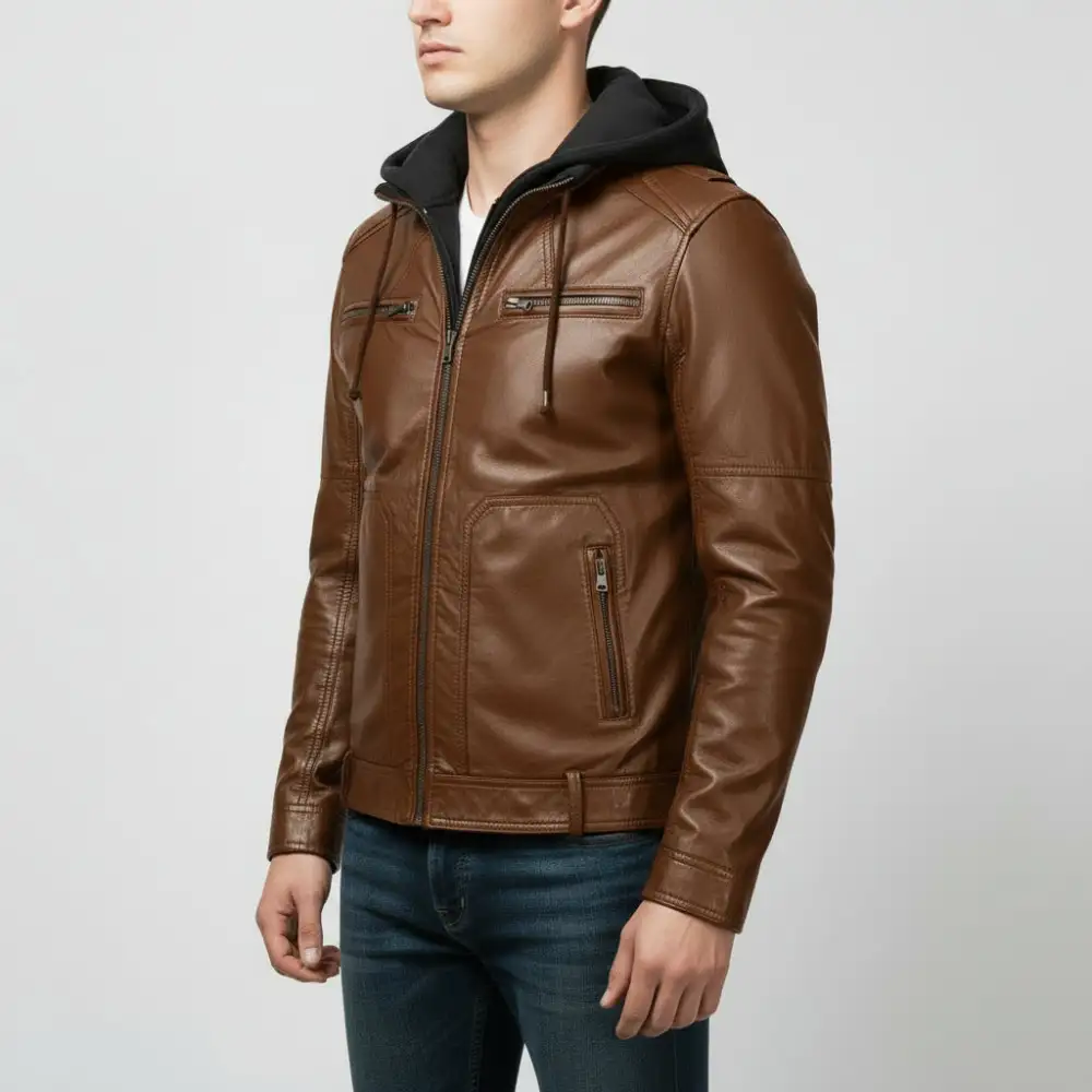 Classic Leather Biker Hooded Multi Pocket Jacket
