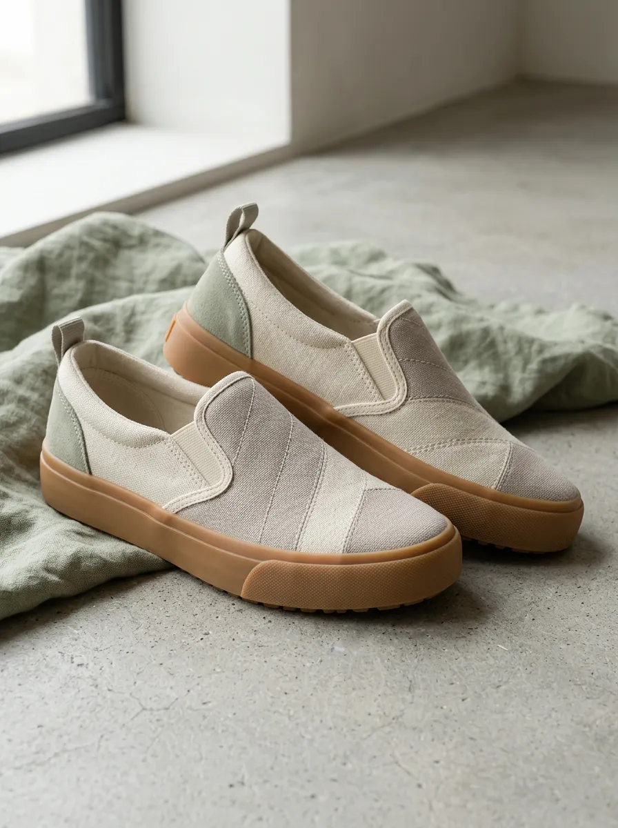 Women's Minimalist Beige Patchwork Canvas Slip-on Shoes