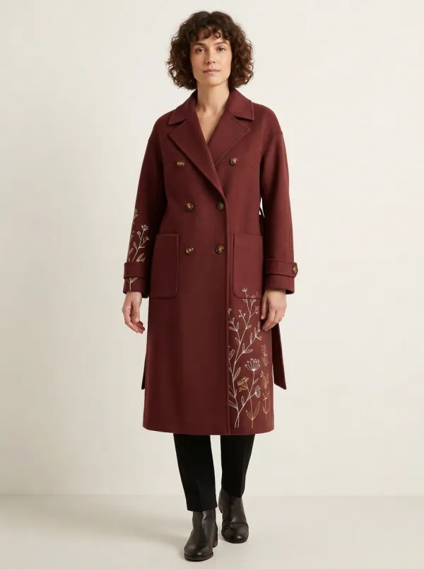 Women's Wildflower Embroidered Camel Wool Coat
