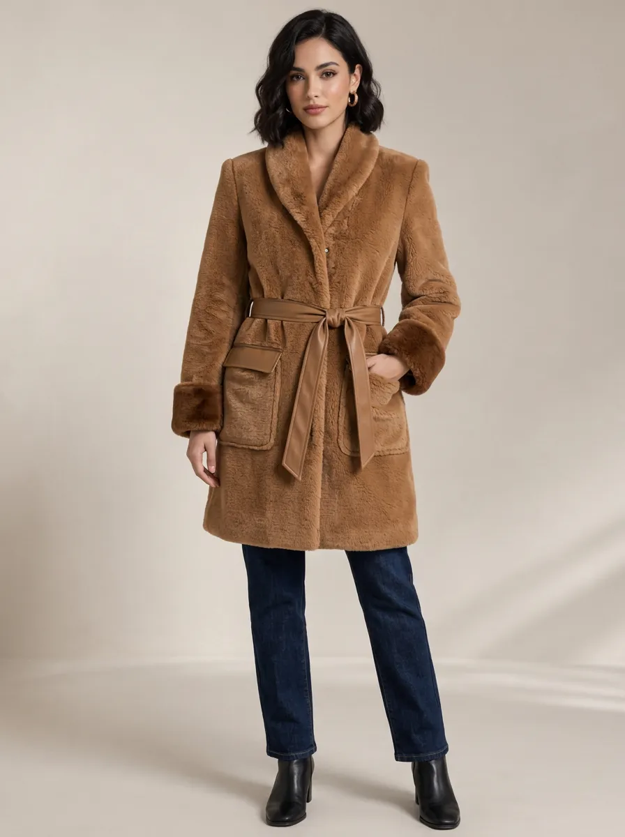 Women's Faux Fur Belted Coat