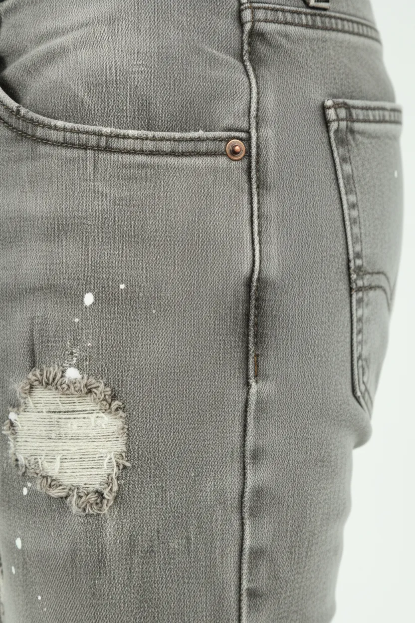 Distressed Slim Fit Paint Splatter Five Pocket Jeans