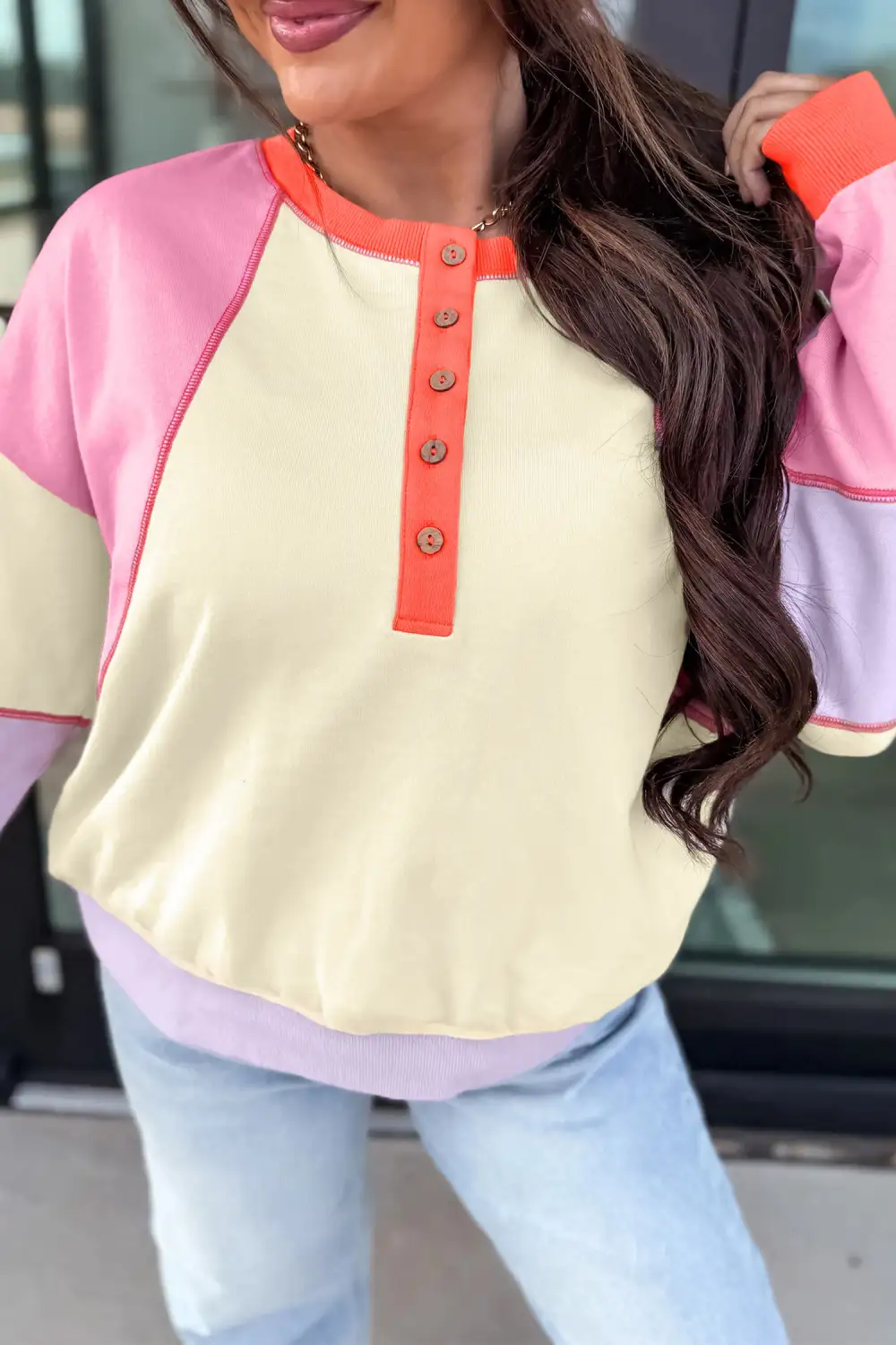 Color Block Ribbed Relaxed Cotton Blend Long Sleeve Top