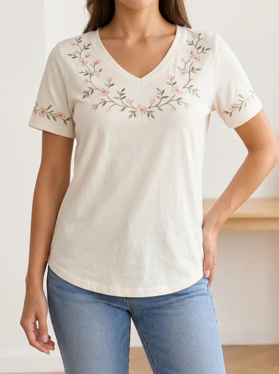 Weekend Ready V Neck Floral Print Women's Short Sleeve Tee