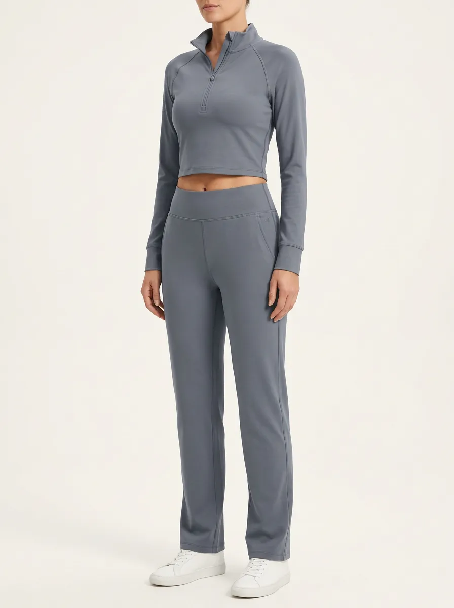 Women's Mock-Neck Quarter-Zip Crop Top and Straight-Leg Trouser Set