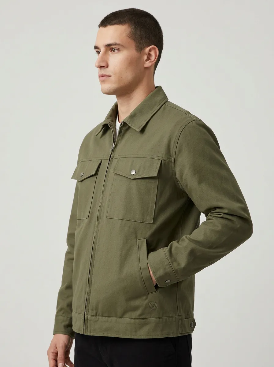 Men's Casual Olive Green Utility Cotton Twill Jacket