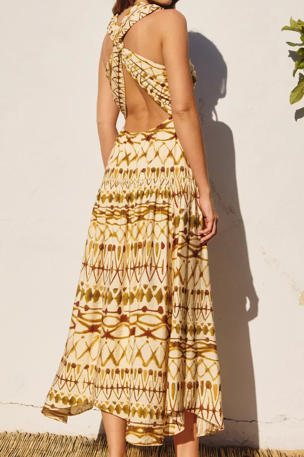 Brown Ivory Geometric Print Midi Dress