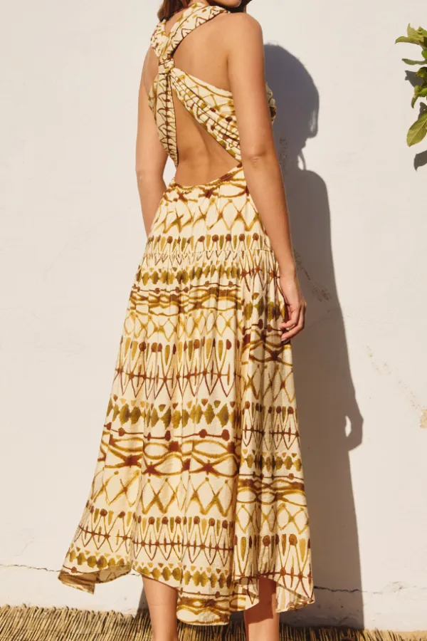Brown Ivory Geometric Print Midi Dress
