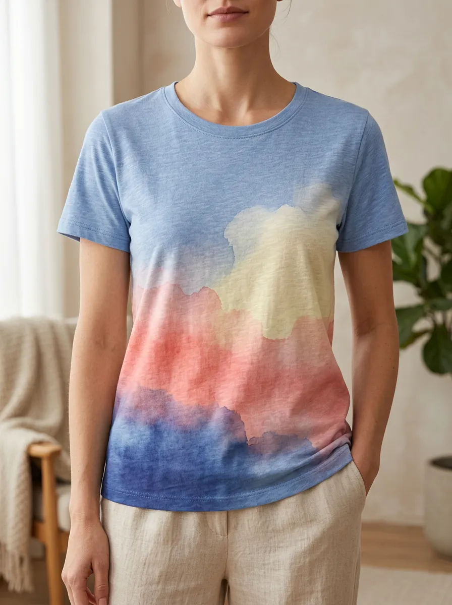 Women's Watercolor Sky Sunset Printed T-shirt