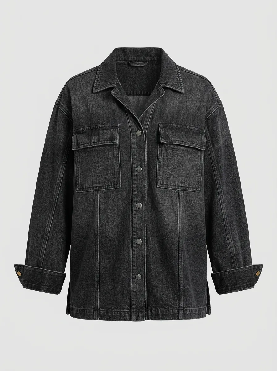 Women's Casual Oversized Washed Black Denim Button-Up Shirt