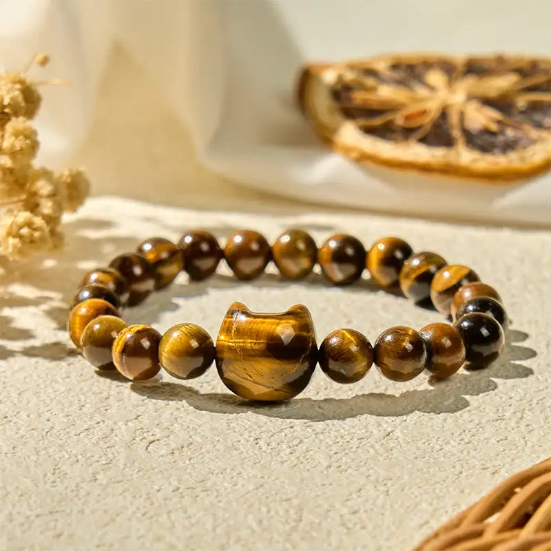 Cute Cat Tiger Eye Beads Bracelet