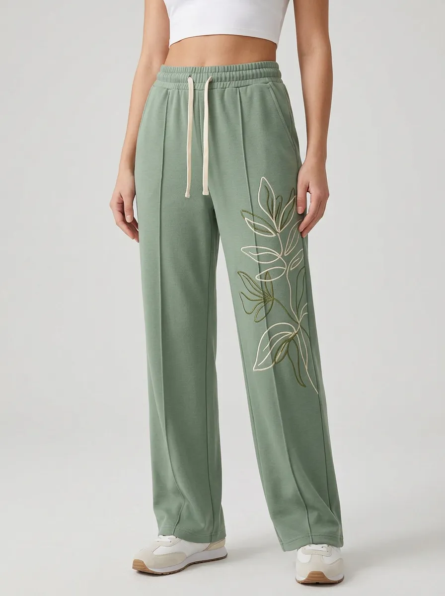 Women's Sage Green Botanical Embroidered Wide-Leg Sweatpants