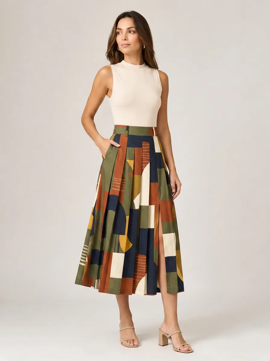 Women's Abstract Geometric Pattern Printed Pleated Midi Skirt
