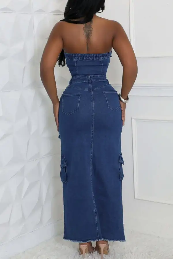 Blue Denim Strapless Multi-Pocket Slit Maxi Dress