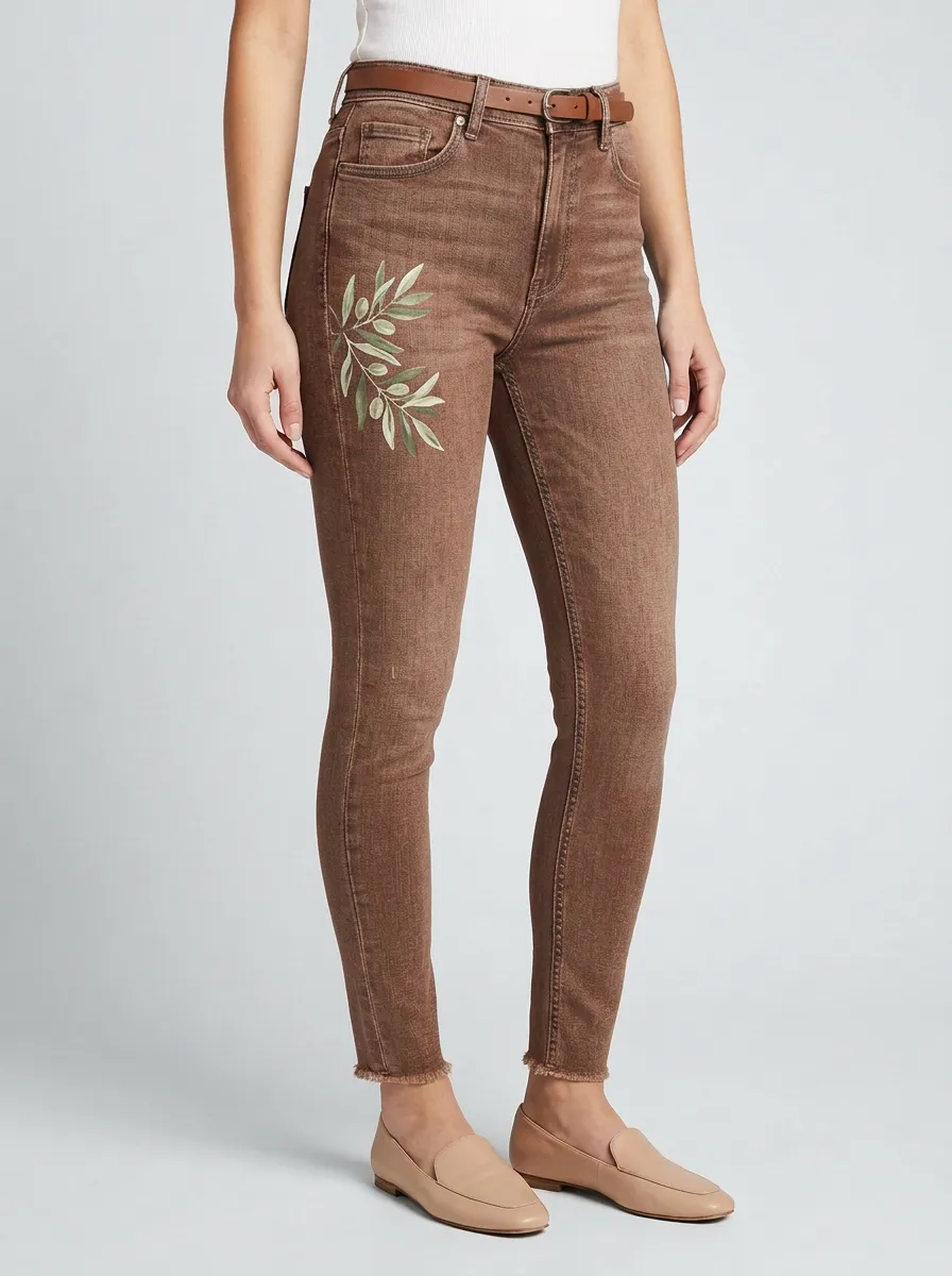 Women's Nature Olive Branch Printed Slim Jeans