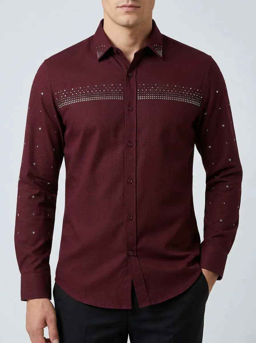 Burgundy Long Sleeve Shirt with Gleaming Stud Accents