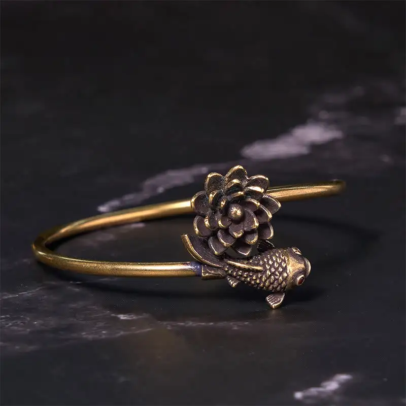 Lotus Flower Koi Fish Copper Brass Bangle Bracelet