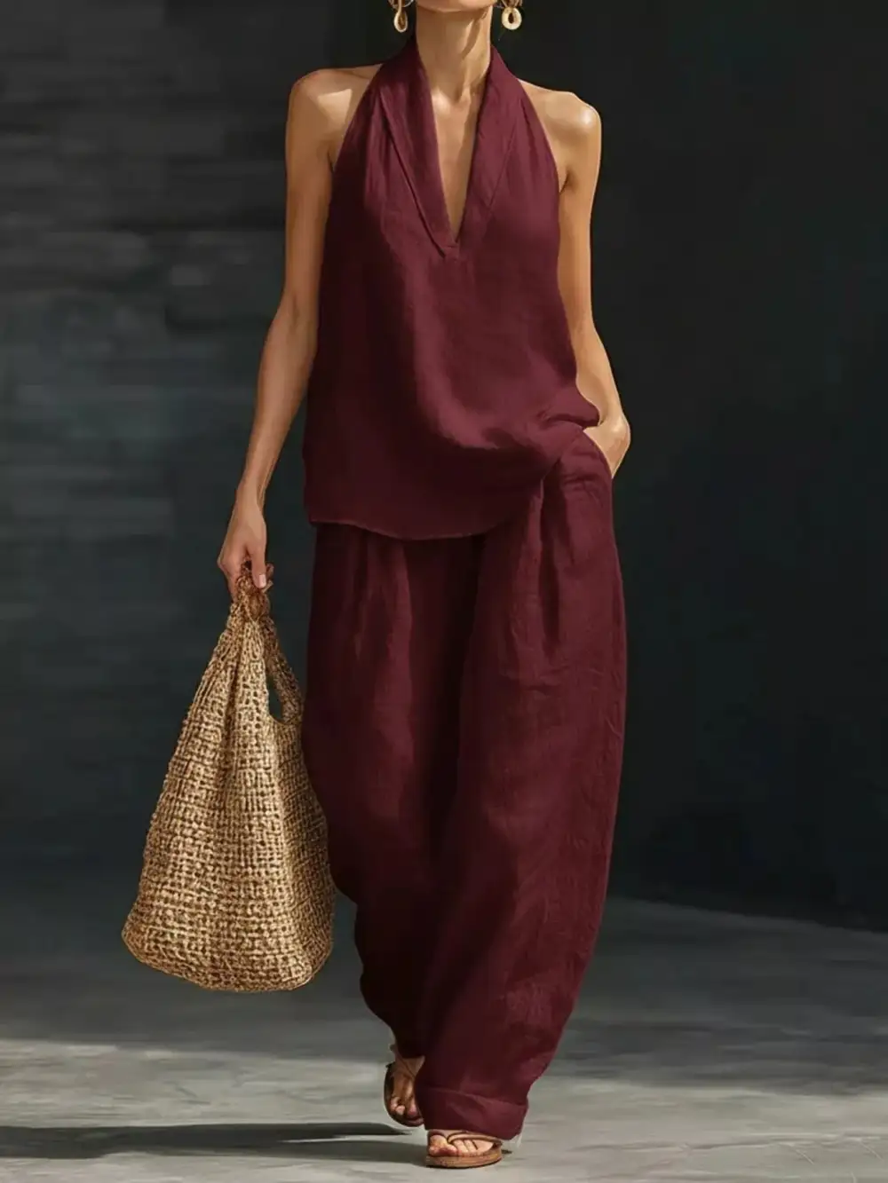 Halter Neck Top and Wide Leg Pants Set