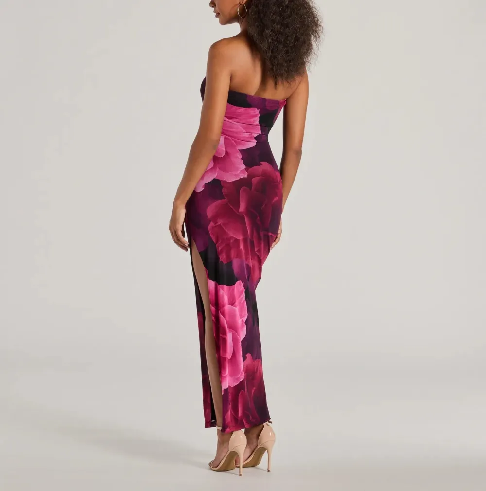 Floral Strapless Slit Maxi Dress