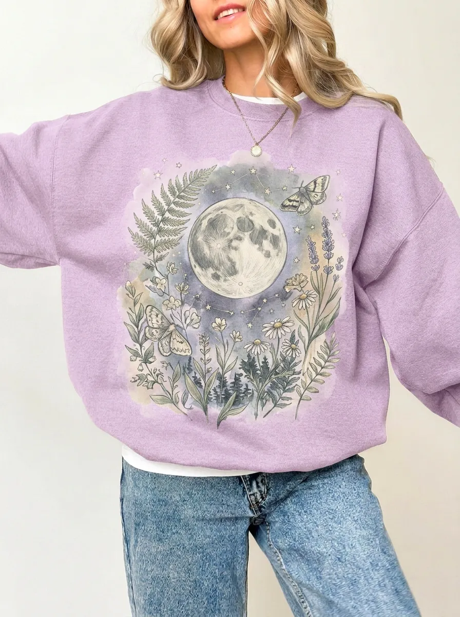 Women's Celestial Nature Moon Moth Floral Graphic Sweatshirt
