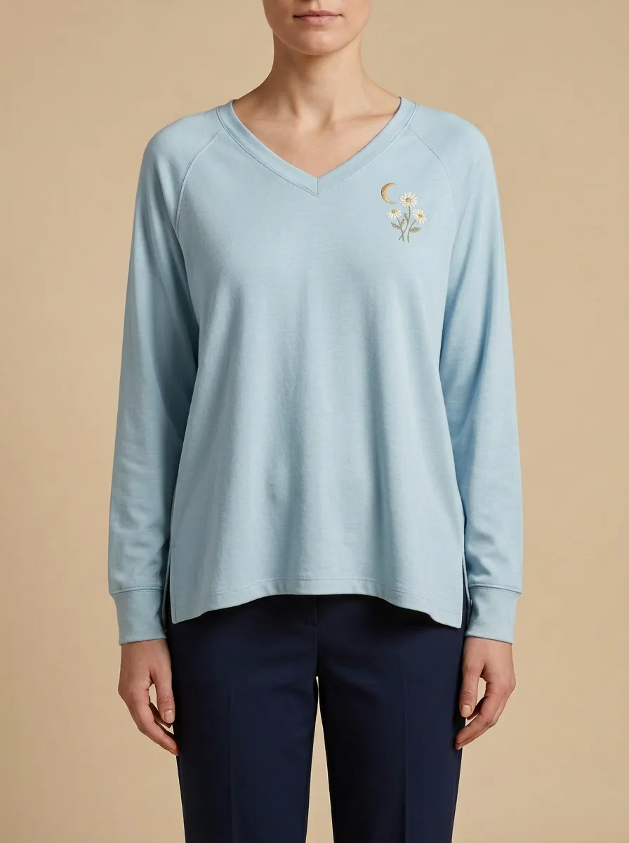Women's Celestial Embroidered V-Neck Long-Sleeve Top