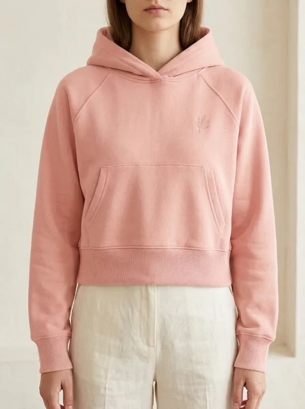 Women's Minimalist Leaf Logo Solid Pink Embroidered Hoodie