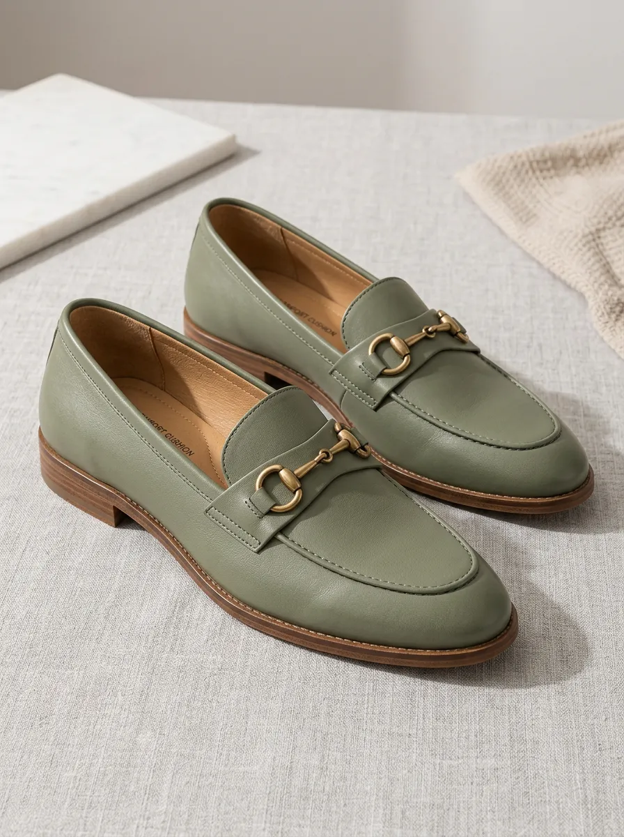 Unisex Sage Green Horsebit Metal Detail Casual Loafers