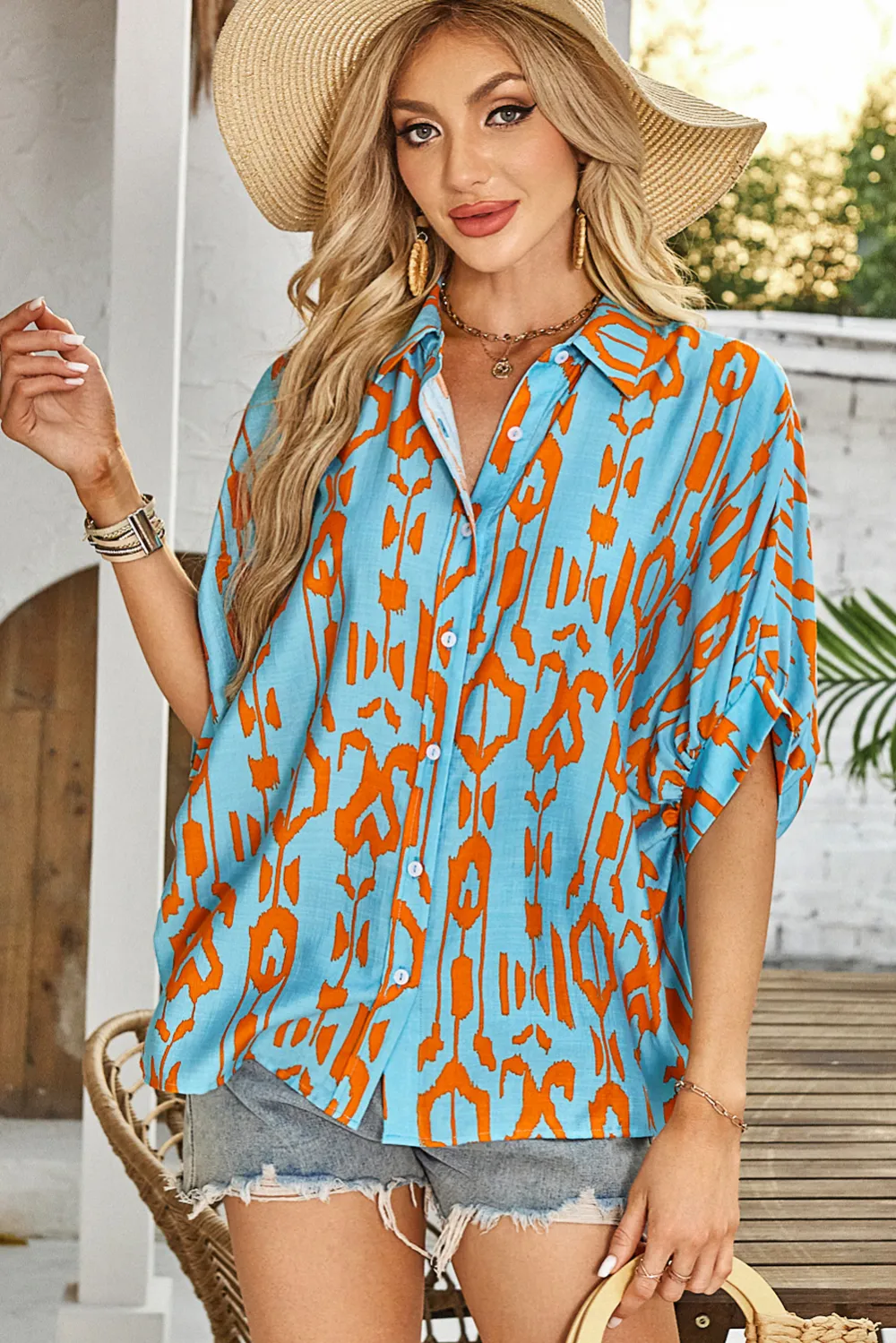 Sky Blue Abstract Print Dolman Shirt