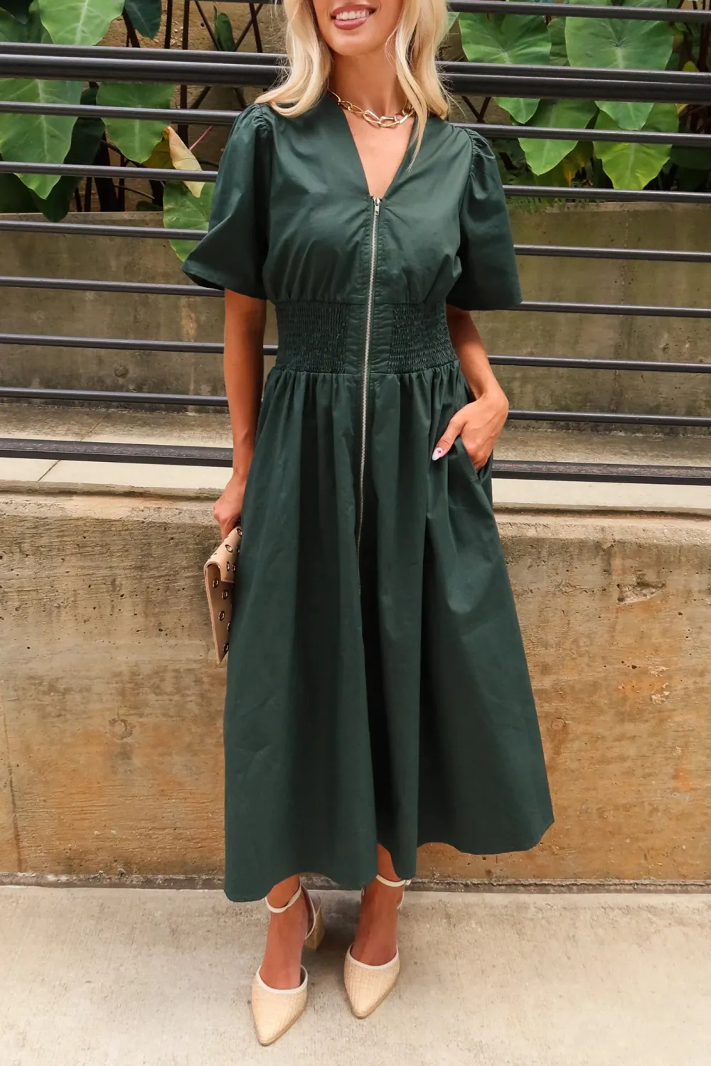 V-Neck Short Sleeve Midi Dress