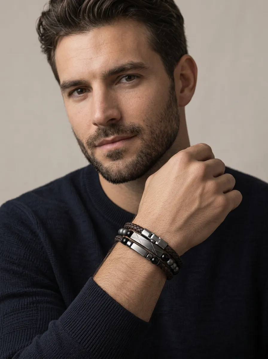 Men's Minimalist Leather Bead Stainless Steel Layered Bracelet