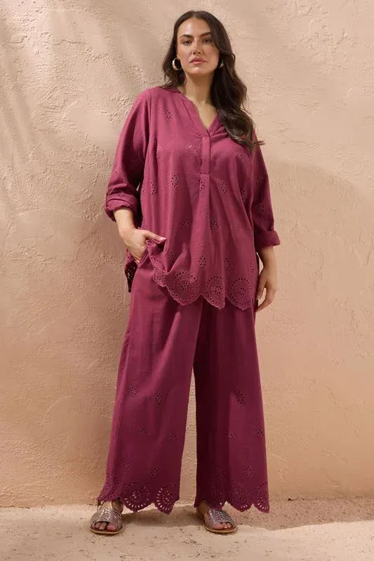 Burgundy Red Broderie Hem Linen Trousers