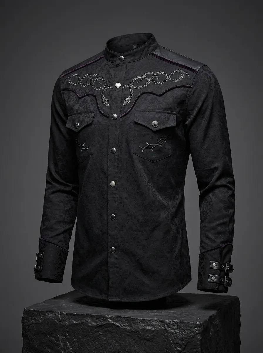 Moonlit Snake Thorn Embroidered Dark Look Men's Gothic Shirt