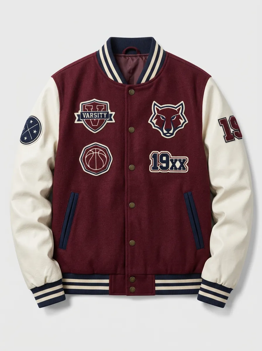 Men's Varsity Basketball Wolf Patch Embroidered Bomber Jacket