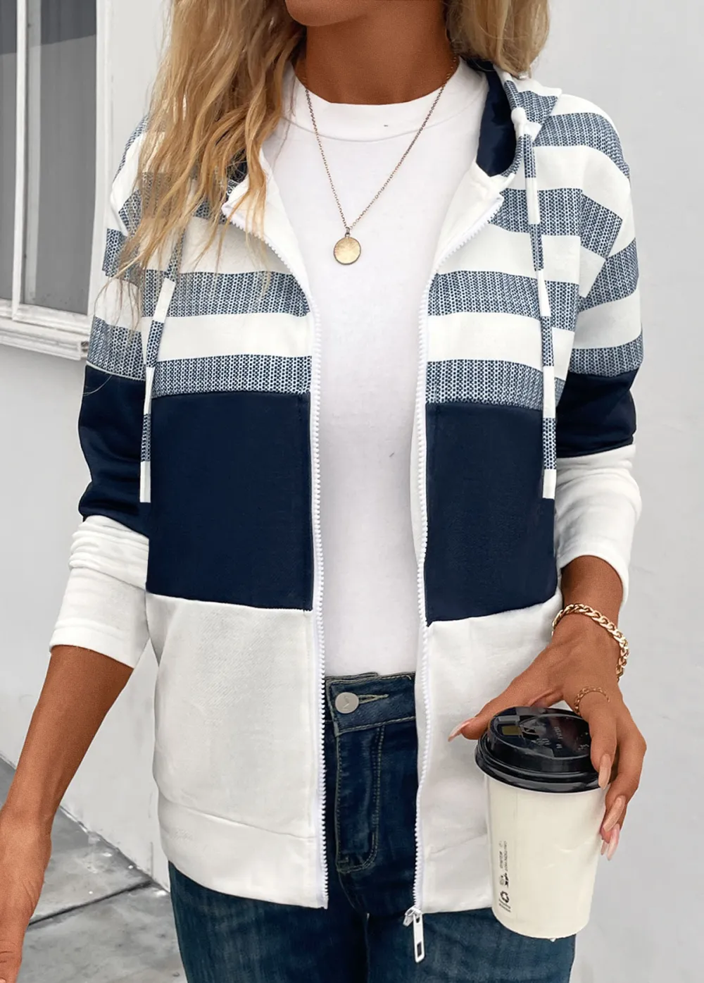 Navy Pocket Striped Long Sleeve Hooded Coat