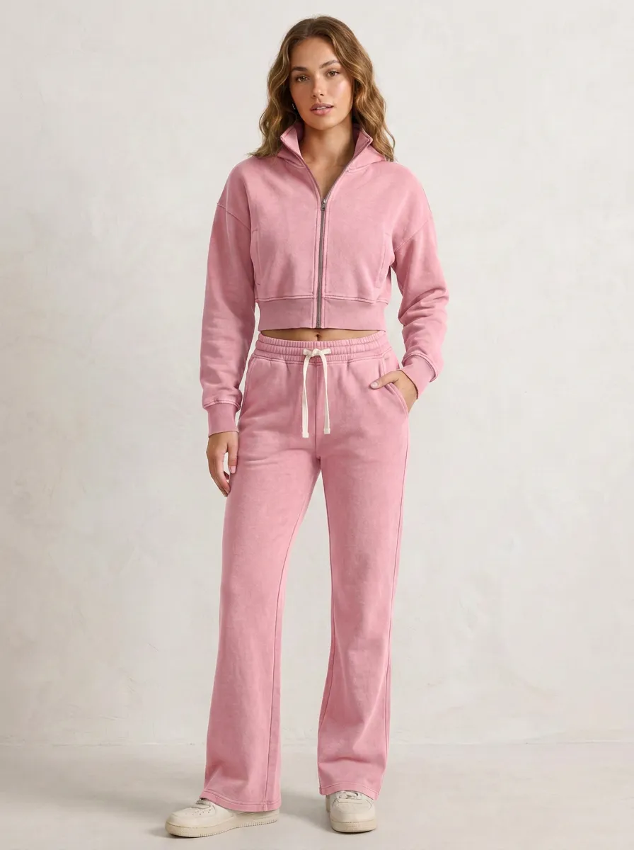 Women's Washed Sport Inspired Cropped Hooded Jacket and Flare Pants Active Set
