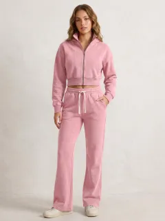 Women's Washed Sport Inspired Cropped Hooded Jacket and Flare Pants Active Set
