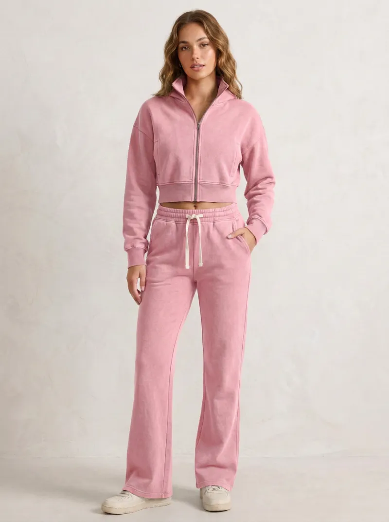 Women's Washed Sport Inspired Cropped Hooded Jacket and Flare Pants Active Set