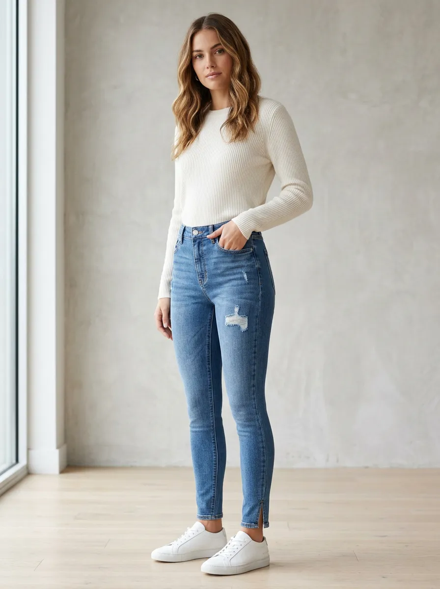 Women's Casual Fashion Distressed Hem-Slit Skinny Jeans