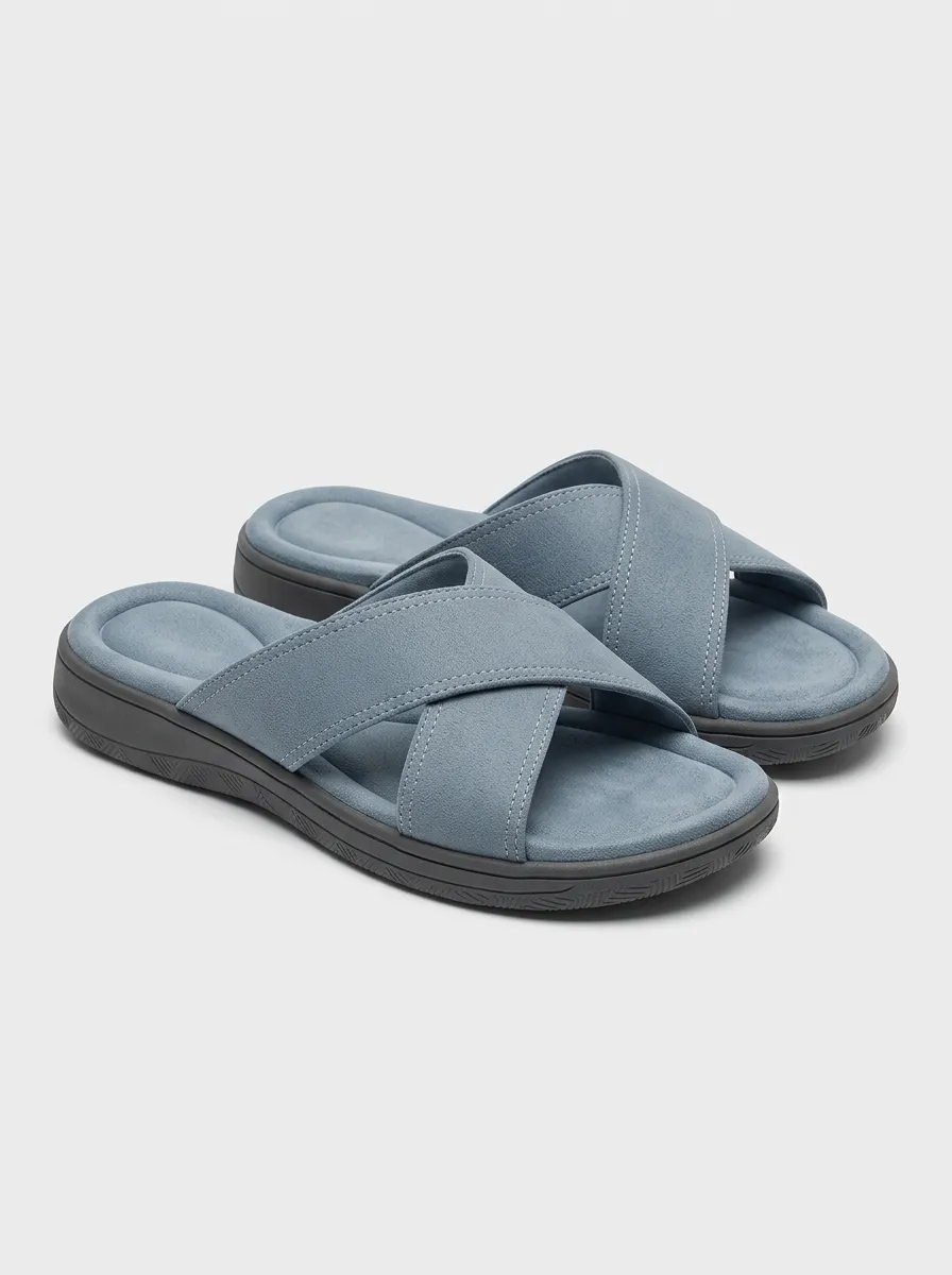 Men's Casual Slides Cross Strap Suede Graphic Detail