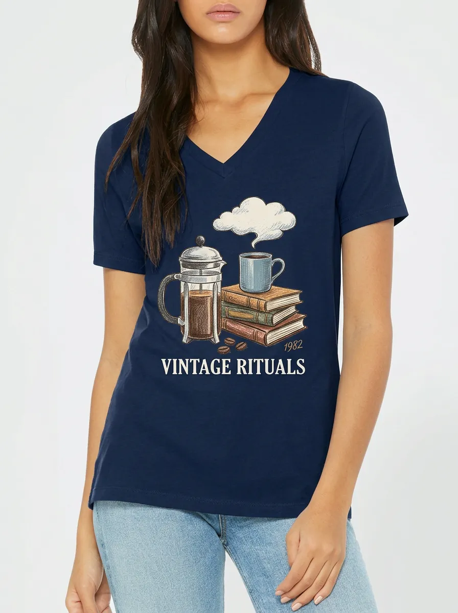 Women's Coffee Book Vintage Rituals Graphic V-Neck T-Shirt